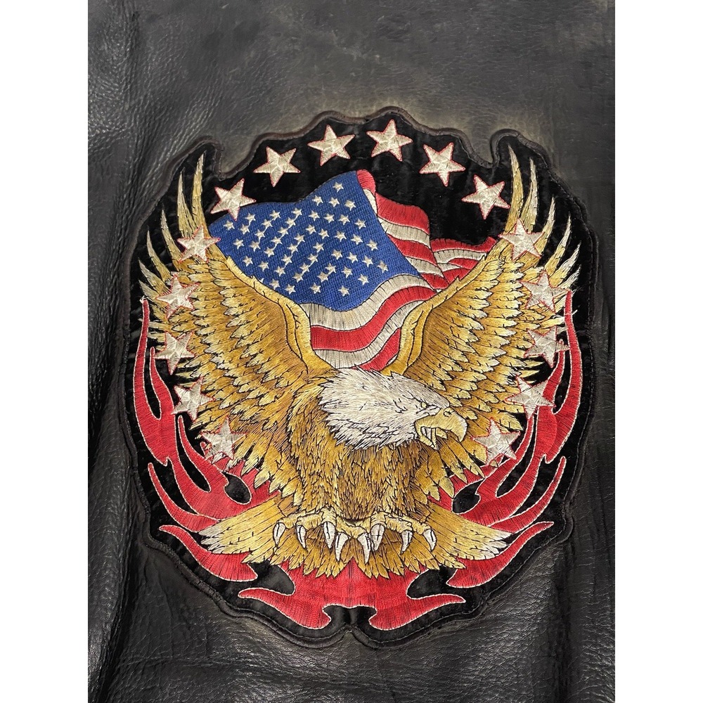 Unik Ultra Leather Motorcycle Jacket w/Liner Men's Size 44 L/XL Black Eagle Flag - Picture 2 of 15